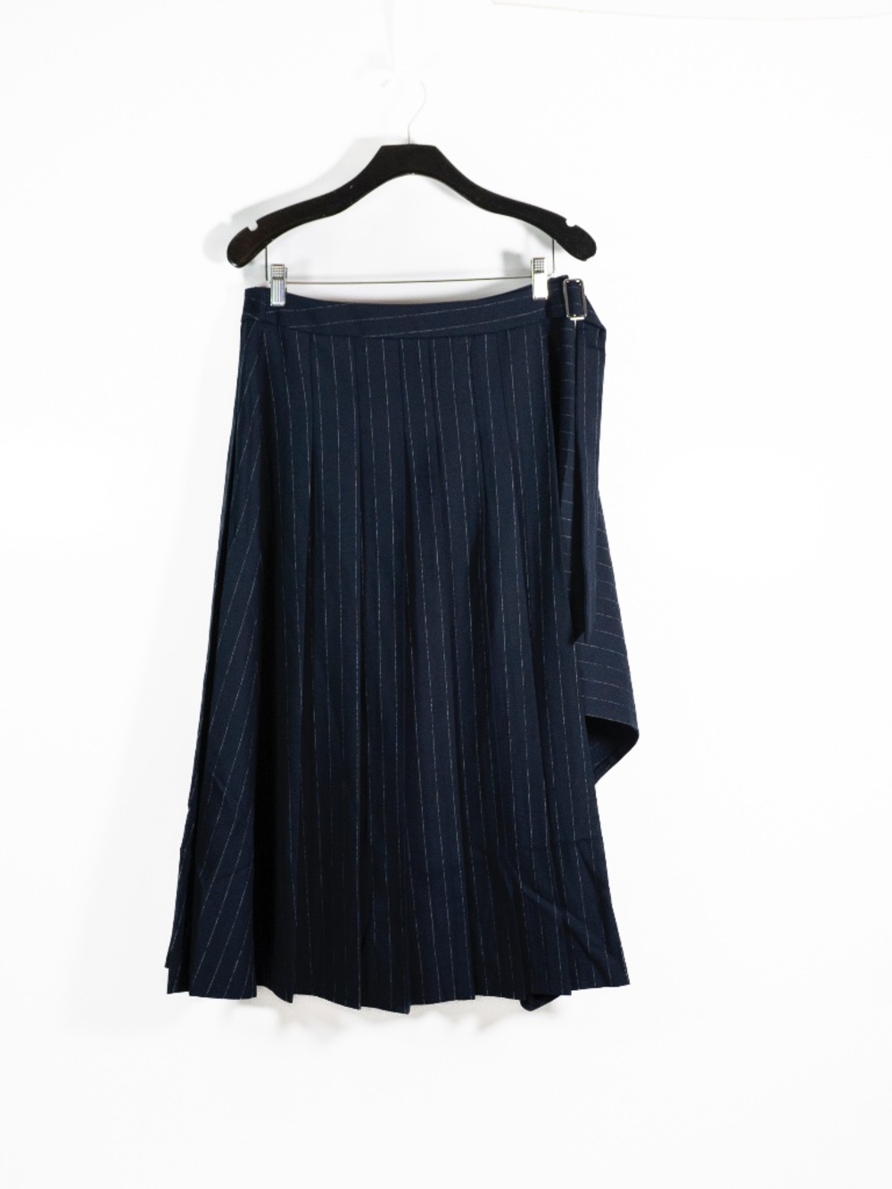 NEW Anna Quan Virginia Wool Blend Stretch Wrap Pleated Skirt Chalk Stripe Navy 8